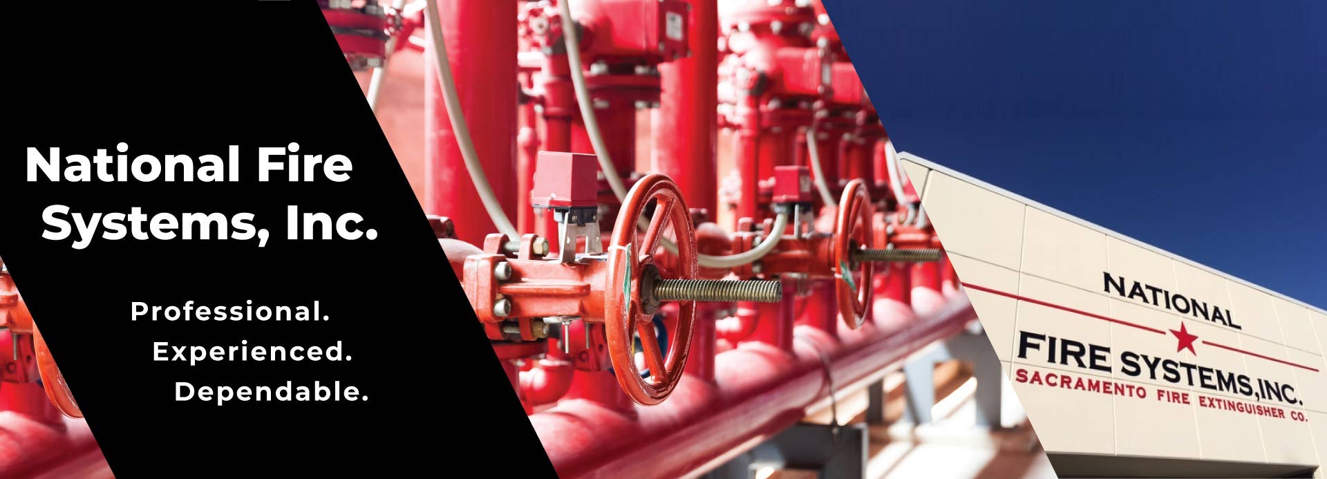 Commercial fire protection banner for National Fire Systems Inc featuring red industrial fire  control